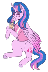 Size: 2000x3000 | Tagged: safe, artist:monnarcha, oc, oc only, alicorn, pony, bubble tea, colored wings, commission, curved horn, glasses, gradient wings, high res, horn, not twilight sparkle, simple background, solo, transparent background, wings
