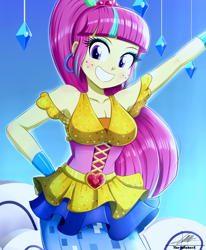 Size: 1784x2163 | Tagged: safe, artist:the-butch-x, sour sweet, dance magic, equestria girls, spoiler:eqg specials, armpits, bare shoulders, belt, breasts, busty sour sweet, cleavage, clothes, cute, dance magic outfit, ear piercing, earring, eyeshadow, female, freckles, gritted teeth, jewelry, looking at you, makeup, piercing, scene interpretation, shoulder freckles, skirt, smiling, solo