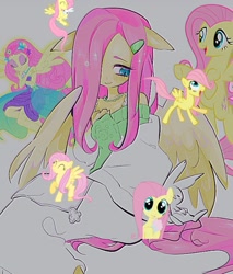 Size: 1280x1504 | Tagged: safe, artist:hanamario87, artist:raimugi____, angel bunny, fluttershy, pegasus, pony, rabbit, anthro, equestria girls, g4, animal, bust, clothes, drink, drinking, drinking straw, eyes closed, female, filly, filly fluttershy, floppy ears, flying, foal, hair over one eye, looking at you, mare, ponied up, spread wings, sweater, wings, younger