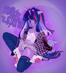 Size: 926x1014 | Tagged: safe, artist:hanamario87, artist:raimugi____, twilight sparkle, anthro, g4, belly button, blackletter, boots, clothes, delicious flat chest, female, flatlight sparkle, gradient background, heart, horn, jewelry, light, looking at you, mare, necklace, open clothes, open shirt, shoes, skirt, socks, solo, sparkles, stockings, text, thigh highs, wings