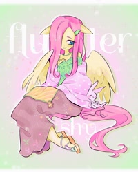 Size: 954x1190 | Tagged: safe, artist:hanamario87, artist:raimugi____, angel bunny, fluttershy, pegasus, rabbit, anthro, g4, animal, clothes, duo, eyes closed, female, floppy ears, hair over one eye, looking at someone, mare, sandals, shoes, sleeping, sweater, sweatershy, text, wings