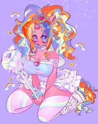 Size: 942x1190 | Tagged: safe, artist:hanamario87, artist:raimugi____, oc, oc only, oc:gum syrup, unicorn, anthro, big breasts, breasts, cane, clothes, cloud, crown, crystal heart, female, gem, heart, heart eyes, horn, jewelry, looking at you, mare, rainbow, regalia, smiley face, socks, solo, stockings, thigh highs, wingding eyes