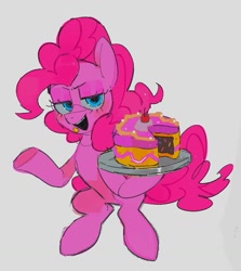 Size: 905x1014 | Tagged: safe, artist:poneko-chan, pinkie pie, earth pony, pony, g4, bipedal, cake, cherry, female, food, gray background, hoof hold, lidded eyes, looking at you, mare, open mouth, open smile, plate, simple background, smiling, smiling at you, solo