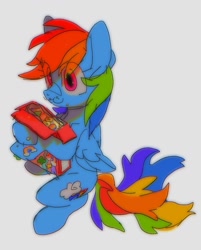 Size: 1496x1860 | Tagged: safe, artist:poneko-chan, rainbow dash, pegasus, pony, g4, bipedal, box, cereal, cereal box, eating, eye clipping through hair, female, food, gray background, hoof hold, mare, rainbow, simple background, solo, wings