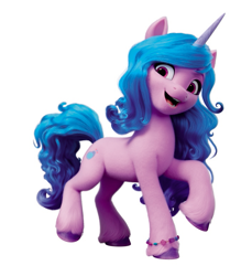 Size: 705x768 | Tagged: safe, izzy moonbow, pony, unicorn, g5, my little pony: a new generation, official, 3d, bracelet, color correction, cute, female, izzybetes, jewelry, long mane, looking at you, mare, open mouth, open smile, raised hoof, simple background, smiling, smiling at you, solo, standing, white background