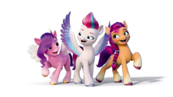 Size: 1024x578 | Tagged: safe, pipp petals, sunny starscout, zipp storm, earth pony, pegasus, pony, g5, my little pony: a new generation, official, 3d, adorapipp, adorazipp, braid, color correction, colored hooves, confident, cute, female, gold hooves, happy, hooves, looking at each other, looking at someone, proud, raised hoof, royalty, siblings, silver hooves, simple background, sisters, spread wings, sunnybetes, together, trio, trio female, white background, wings