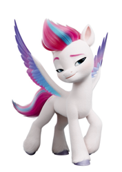 Size: 543x768 | Tagged: safe, zipp storm, pegasus, pony, g5, my little pony: a new generation, official, 3d, adorazipp, color correction, confident, cute, female, looking at you, mare, raised eyebrow, silver hooves, simple background, smiling, smiling at you, smug, smugzipp, spread wings, white background, wings