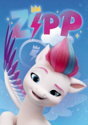 Size: 538x768 | Tagged: safe, zipp storm, pegasus, pony, g5, my little pony: a new generation, 2d, 3d, blue background, cloud, confident, crown, cutie mark, jewelry, looking at you, name, open mouth, open smile, princess, proud, raised eyebrow, raised hoof, regalia, royalty, signature, simple background, smiling, smiling at you, sparkles, spread wings, thunderbolt, wings