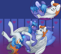 Size: 3500x3100 | Tagged: safe, artist:roselord, oc, oc only, oc:midnight nova, oc:sukko, pegasus, pony, unicorn, blushing, commission, cuddling, finished commission, gay, high res, male, pillow, stallion, wings