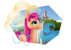 Size: 1280x907 | Tagged: safe, sunny starscout, bird, earth pony, pony, seagull, g5, my little pony: a new generation, official, 2d, 3d, braid, building, cliff, cloud, color correction, cute, dreamy, figure, figurine, home, horseshoes, house, lighthouse, looking away, maretime bay, ocean, rainbow, simple background, stars, sunnybetes, town, toy, tree, water, wave, white background