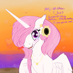 Size: 2000x2000 | Tagged: safe, artist:enonnnymous, princess celestia, alicorn, pony, g4, /sun/, beach, bow, crying, ears, female, floppy ears, flower, high res, i love you, jewelry, looking at you, mare, necklace, ocean, pink-mane celestia, ring, solo, spread wings, sunflower, sunset, talking to viewer, tears of joy, water, wings, young celestia
