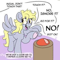 Size: 1502x1502 | Tagged: safe, artist:doodledonutart, derpy hooves, pegasus, pony, g4, big red button, colored underhoof, comic, dialogue, female, heart, hoof heart, mare, offscreen character, solo