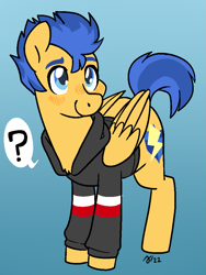 Size: 751x1000 | Tagged: safe, artist:/d/non, flash sentry, pegasus, pony, g4, blue hair, blushing, clothes, equestria girls outfit, februpony, hoodie, male, question mark, smiling, solo, stallion