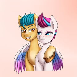 Size: 1400x1400 | Tagged: safe, artist:zachc, hitch trailblazer, zipp storm, earth pony, pegasus, pony, g5, duo, female, hug, looking at each other, looking at someone, male, mare, ship:stormblazer, shipping, simple background, stallion, straight, unshorn fetlocks, winghug, wings