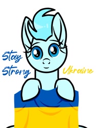 Size: 768x1024 | Tagged: safe, artist:windy breeze, oc, oc only, oc:windy breeze, pegasus, pony, current events, female, flag, holding, looking at you, mare, simple background, smiling, smiling at you, text, ukraine