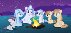 Size: 4776x2220 | Tagged: safe, artist:moonnightshadow-mlp, oc, oc only, oc:apple sugar, oc:golden apple, oc:lily emerald, oc:rainbow nova, oc:sky thunder, oc:violet crystal, dracony, earth pony, hybrid, pegasus, pony, unicorn, campfire, fire, interspecies offspring, magic, offspring, parent:applejack, parent:caramel, parent:rainbow dash, parent:rarity, parent:rumble, parent:scootaloo, parent:soarin', parent:spike, parents:carajack, parents:rumbloo, parents:soarindash, parents:sparity