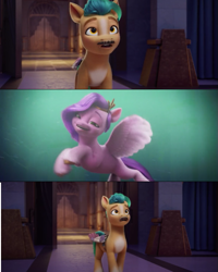 Size: 619x774 | Tagged: safe, edit, edited screencap, screencap, hitch trailblazer, pipp petals, earth pony, pegasus, pony, g5, my little pony: a new generation, spoiler:g5, fake moustache, fake wings, female, male, mare, shipping fuel, smiling, stallion, surprised