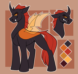 Size: 867x829 | Tagged: safe, artist:rockin_candies, oc, oc:phasmatodea, changeling, fanfic:changing expectations, changeling oc, fanfic art, fangs, holeless, horn, male, orange changeling, reference sheet, solo, wings