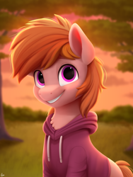 Size: 1500x2000 | Tagged: safe, artist:luminousdazzle, oc, oc only, oc:stuben, earth pony, pony, birthday gift, bust, chest fluff, clothes, earth pony oc, grin, happy, hoodie, looking at you, magenta eyes, male, portrait, scenery, semi-realistic, smiling, solo, stallion, sunset