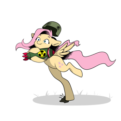 Size: 2200x2200 | Tagged: safe, artist:cloud_up, artist:cottonaime, fluttershy, pegasus, pony, g4, bad timing, bipedal, confused, female, floppy ears, helmet, high res, mare, nuclear weapon, radioactive, simple background, solo, spread wings, this will end in explosions, this will end in fallout: equestria, this will end in radiation poisoning, this will not end well, too dumb to live, tripping, uh oh, weapon, white background, wings