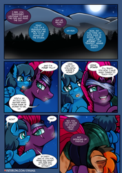 Size: 2480x3508 | Tagged: safe, artist:dsana, fizzlepop berrytwist, tempest shadow, oc, oc only, oc:lullaby dusk, oc:rust wing, pegasus, pony, unicorn, comic:a storm's lullaby, bandage, breath, comic, dialogue, folded wings, full moon, high res, moon, night, outdoors, ponies riding ponies, riding, speech bubble, trio, wings