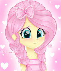 Size: 865x1014 | Tagged: safe, artist:fluttershy_art.nurul, fluttershy, equestria girls, alternate hairstyle, aqua eyes, beautiful, blushing, bow, braid, cute, female, hair bow, hairpin, heart, looking at you, pigtails, pink, pink dress, pink hair, shy, shyabetes, smiling, smiling at you, solo, tape