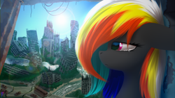 Size: 3840x2160 | Tagged: safe, artist:darky_wings, oc, oc only, oc:darky wings, pony, abandoned, city, crying, destroyed, female, high res, multicolored hair, overgrown, sad, solo, sun, teary eyes