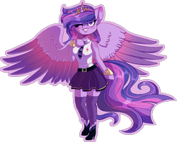Size: 2466x1980 | Tagged: safe, artist:stormcloud-yt, twilight sparkle, alicorn, anthro, g4, the last problem, arm hooves, clothes, female, high heels, necktie, older, older twilight, older twilight sparkle (alicorn), one eye closed, princess twilight 2.0, shoes, simple background, skirt, socks, solo, spread wings, stockings, thigh highs, transparent background, twilight sparkle (alicorn), wings, wink, zettai ryouiki