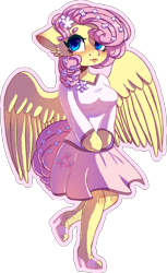 Size: 1181x1928 | Tagged: safe, artist:stormcloud-yt, fluttershy, pegasus, anthro, g4, blushing, clothes, dress, female, flower, flower in hair, high heels, shoes, simple background, skirt, smiling, solo, transparent background, wings