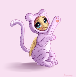Size: 4536x4618 | Tagged: safe, artist:miokomata, fluttershy, big cat, cat, pegasus, pony, tiger, g4, absurd resolution, animal costume, clothes, costume, cute, female, freckles, freckleshy, kigurumi, mare, open mouth, open smile, pink background, shyabetes, simple background, sitting, smiling, solo, weapons-grade cute, wings