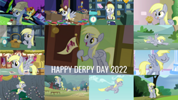 Size: 1280x721 | Tagged: safe, edit, edited screencap, editor:quoterific, screencap, bon bon, carrot top, derpy hooves, golden harvest, princess luna, sweetie drops, wensley, earth pony, pegasus, pony, a hearth's warming tail, between dark and dawn, g4, look before you sleep, luna eclipsed, rainbow falls, rock solid friendship, season 1, season 2, season 4, season 5, season 6, season 7, season 8, season 9, slice of life (episode), sonic rainboom (episode), the maud couple, to where and back again, triple threat, twilight's kingdom, 2022, ^^, book, christmas, christmas tree, cute, derpabetes, derpy day, derpy star, eyes closed, female, holiday, mailmare, male, mare, muffin, night, offscreen character, open mouth, open smile, post office, smiling, spread wings, stallion, text, that pony sure does love muffins, tongue out, tree, twilight's castle, wings