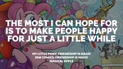Size: 1280x720 | Tagged: safe, edit, editor:quoterific, idw, octavia melody, pinkie pie, rainbow dash, earth pony, octopus, pegasus, pony, g4, cake, female, food, grin, magical apple, mare, smiling, text