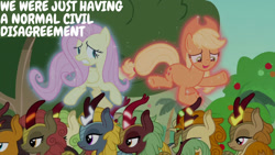 Size: 1280x720 | Tagged: safe, edit, edited screencap, editor:quoterific, screencap, applejack, autumn afternoon, cinder glow, fern flare, fluttershy, forest fall, maple brown, pumpkin smoke, sparkling brook, spring glow, summer flare, winter flame, earth pony, kirin, pegasus, pony, g4, season 8, sounds of silence, apple, applejack's hat, cowboy hat, female, food, hat, mare, open mouth, open smile, smiling, text, tree