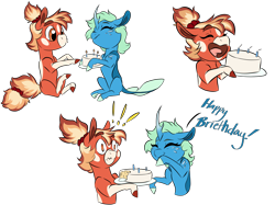 Size: 2732x2048 | Tagged: safe, artist:ask-y, oc, oc only, changedling, changeling, earth pony, pony, unicorn, birthday cake, bust, cake, changedling oc, changeling oc, earth pony oc, food, happy birthday, high res, horn, simple background, smiling, transparent background, unicorn oc