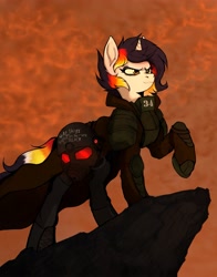 Size: 3209x4096 | Tagged: safe, artist:tatykin, oc, oc only, oc:moonshine, pony, unicorn, fallout equestria, armor, cliff, digital art, elite riot gear, horn, johnny cash, pose, solo, unicorn oc