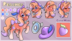 Size: 3500x2000 | Tagged: safe, artist:euspuche, oc, oc only, oc:peaches, pony, unicorn, bow, cutie mark, hat, high res, jewelry, male, necklace, reference sheet, solo, tail, tail bow