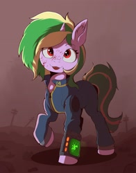 Size: 3209x4096 | Tagged: safe, artist:tatykin, oc, oc only, oc:iron sonata, pony, unicorn, fallout equestria, fallout equestria: foal of the wastes, blood, clothes, cute, digital art, female, filly, foal, grimcute, horn, jumpsuit, looking at you, ocbetes, open mouth, open smile, pipbuck, red eyes, smiling, smiling at you, solo, unicorn oc, vault suit, wasteland