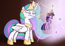 Size: 2970x2100 | Tagged: safe, artist:candy meow, princess celestia, twilight sparkle, alicorn, pony, unicorn, g4, big crown thingy, crown, derp, doodle, element of generosity, element of honesty, element of kindness, element of laughter, element of loyalty, element of magic, elements of harmony, female, high res, holding, jewelry, magic, magic aura, mare, regalia, simple background, tongue out, unicorn twilight