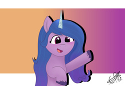 Size: 2400x1650 | Tagged: safe, artist:cobaltskies002, izzy moonbow, pony, unicorn, g5, my little pony: a new generation, abstract background, cute, female, half body, hooves, horn, izzybetes, mare, open mouth, open smile, signature, simple background, smiling, solo, unshorn fetlocks, waving