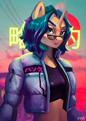 Size: 848x1200 | Tagged: safe, artist:annna markarova, oc, oc:depth chaser, unicorn, anthro, clothes, commission, female, jacket, japanese, mare, midriff, solo, sunglasses