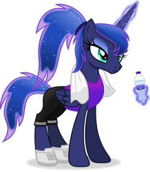 Size: 4549x5208 | Tagged: safe, artist:anime-equestria, princess luna, alicorn, pony, g4, alternate hairstyle, bottle, clothes, eyeshadow, female, hairband, horn, levitation, magic, makeup, mare, ponytail, shoes, shorts, simple background, solo, telekinesis, tomboy, towel, transparent background, vector, water bottle, wings