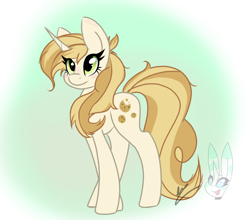 Size: 2268x1999 | Tagged: safe, artist:otakutheunicorn, sweet biscuit, pony, unicorn, g4, blush sticker, blushing, female, gradient background, mare, solo