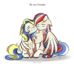 Size: 1238x1071 | Tagged: safe, artist:mira.veike, oc, oc:marussia, oc:ukraine, earth pony, pegasus, pony, anti-war, chest fluff, current events, eyes closed, friends, group, group hug, hug, nation ponies, ponified, russia, signature, simple background, teary eyes, ukraine, united states, white background, winghug, wings