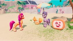 Size: 3840x2176 | Tagged: safe, sunny starscout, crab, earth pony, pony, unicorn, g5, my little pony: a maretime bay adventure, official, 3d, background pony, beach, braid, female, high res, hooves, horn, mare, outdoors, pony history, shadow, smiling, standing, tail, target (store), unshorn fetlocks, video game