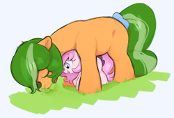 Size: 4154x2816 | Tagged: safe, artist:parfait, oc, oc only, oc:kayla, oc:papaya, earth pony, pony, duo, female, filly, foal, freckles, grass, grazing, herbivore, horses doing horse things, mare, mother and child, mother and daughter, parent and child, scrunchie, smiling