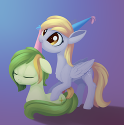 Size: 3000x3030 | Tagged: safe, artist:dusthiel, derpy hooves, oc, oc:dust wind, pony, g4, chest fluff, duo, eyes closed, female, folded wings, hat, high res, leg fluff, lying down, mare, nom, party hat, ponyloaf, prone, wings