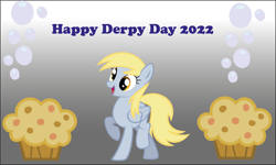 Size: 1280x769 | Tagged: safe, artist:ncolque, derpy hooves, pegasus, pony, g4, bubble, caption, cute, derpy day, desktop background, female, folded wings, food, full body, gradient background, hooves, mare, muffin, open mouth, open smile, raised hoof, raised leg, smiling, solo, standing on two hooves, tail, text, wallpaper, wings
