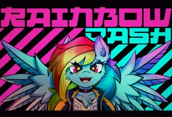 Size: 4096x2793 | Tagged: safe, alternate version, artist:canvymamamoo, rainbow dash, pegasus, anthro, g4, abstract background, blushing, chest fluff, choker, clothes, ear fluff, female, happy, jacket, lidded eyes, looking at you, smiling, solo, spread wings, starry eyes, wingding eyes, wings, wonderbolts logo