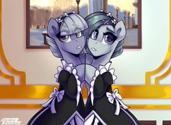 Size: 1500x1100 | Tagged: safe, artist:shadowreindeer, limestone pie, marble pie, earth pony, pony, g4, anime, clothes, cosplay, costume, crossover, cute, duo, duo female, eye clipping through hair, eyelashes, female, limabetes, maid, marblebetes, mare, pie sisters, ram (re:zero), re:life in a different world from zero, re:zero, rem, rem and ram, siblings, sisters, touching hooves, wingding eyes