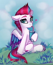 Size: 1599x1950 | Tagged: safe, artist:taneysha, zipp storm, pegasus, pony, g5, adorazipp, chest fluff, colored wings, cute, drink, drinking, drinking straw, ear fluff, female, floppy ears, fluffy, grass, heart, hoof fluff, hoof hold, hooves, looking at you, mare, multicolored wings, neck fluff, signature, sitting, slender, solo, straw, tail, thin, unshorn fetlocks, wing fluff, wings